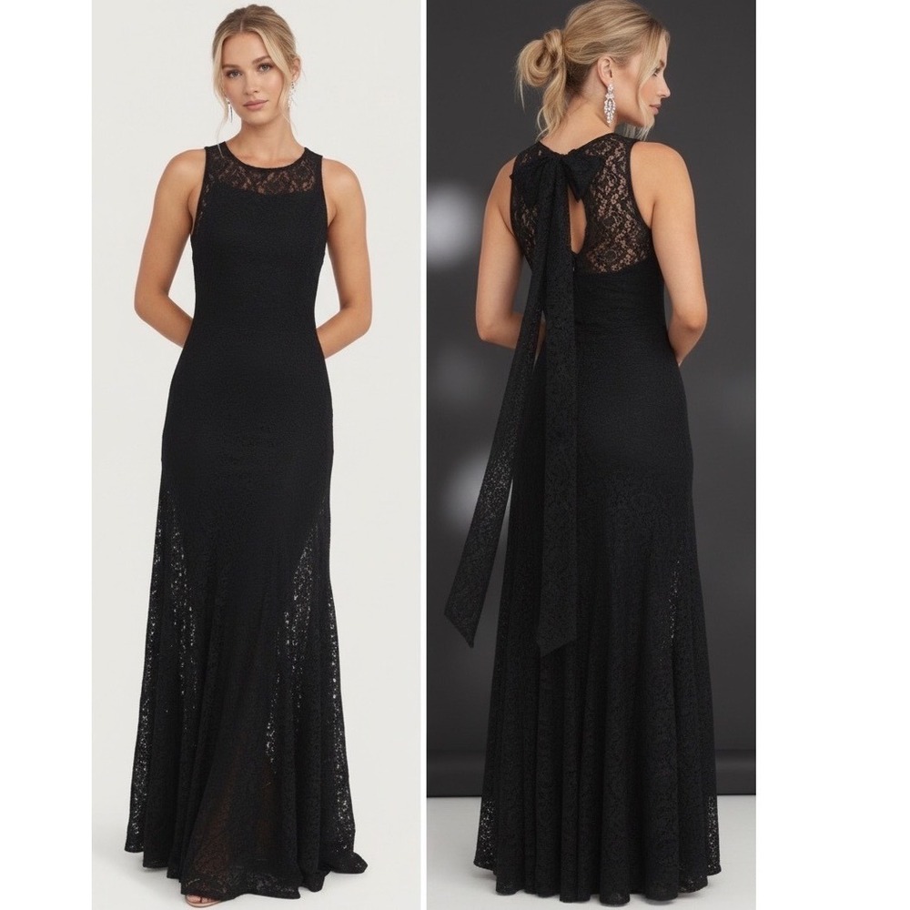 Keani Maxi Dress Black Floral Lace Boat Neck Tie Back Gown Size L